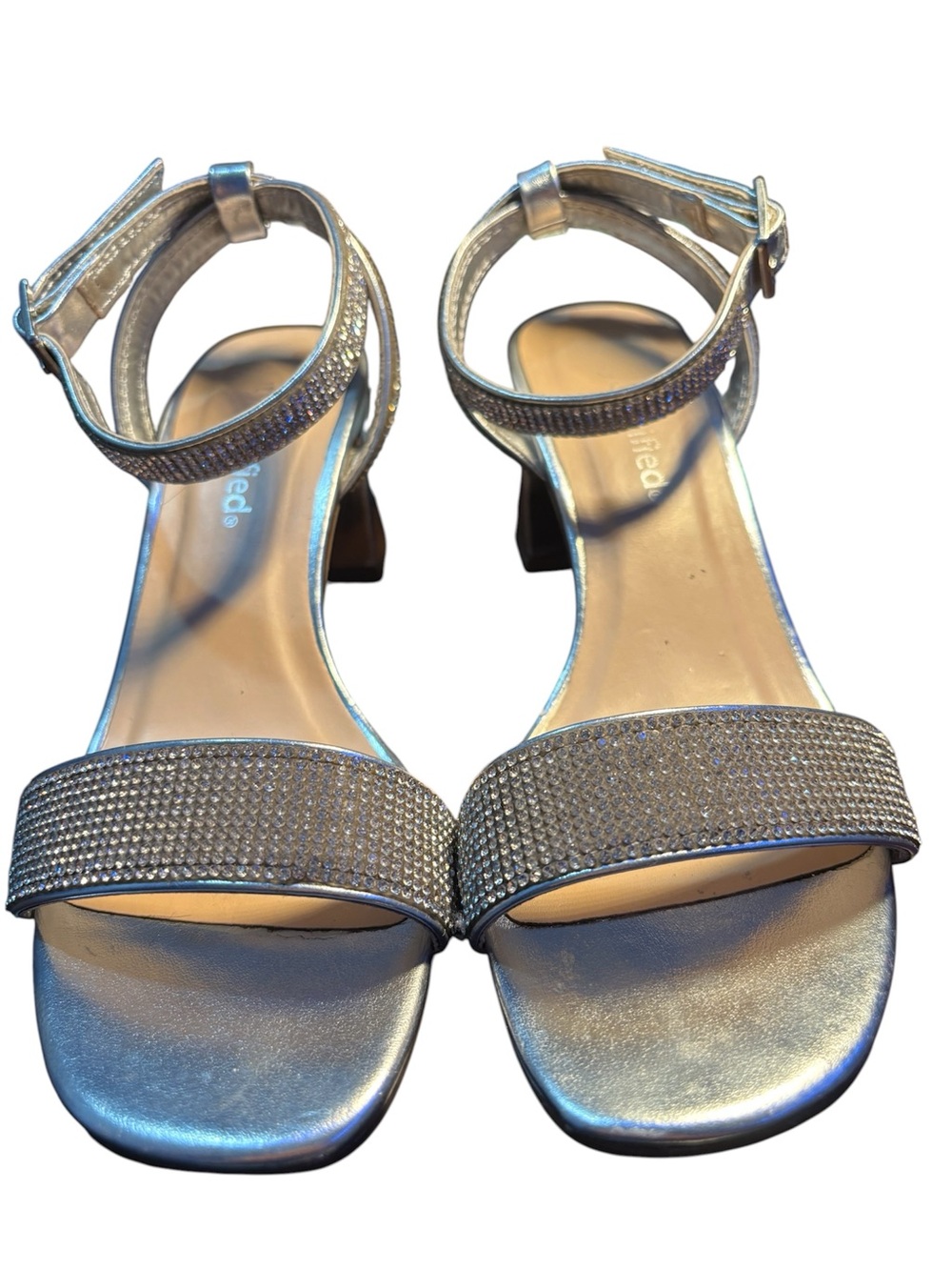 Silver Ankle-Strap Rhinestone Block Heel Sandals - Women